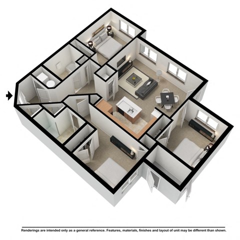 three bedroom 3d floor plan